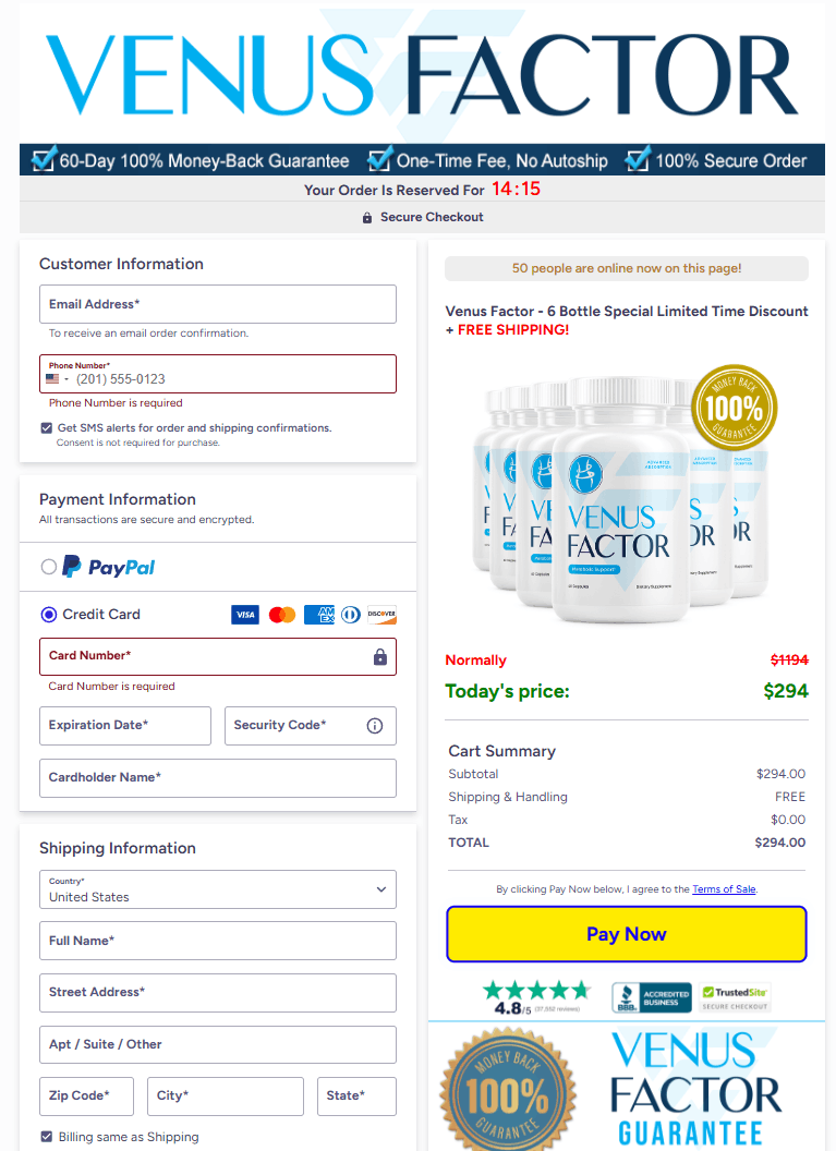 Venus Factor secure checkout page preview showing payment options including PayPal, Visa, Mastercard, and American Express